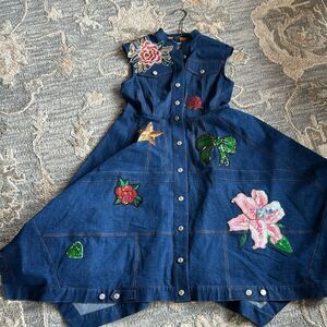 Ashro sleeveless Dress denim look faux patch pockets buttondown sequin stretch 8